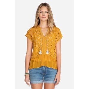 Johnny Was Flower Eyelet Leith Shirt Blouse Persimmon Gold Yellow Tassel C19220